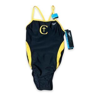 𝅺NWT Women’s Speedo Performance Race 2 One Piece Swimsuit Black Gold Size 30